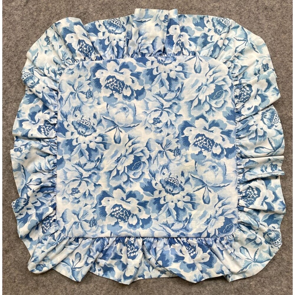 Vintage Laura Ashley Ruffled Throw Pillow Cover Blue White Floral Cottage 18x18